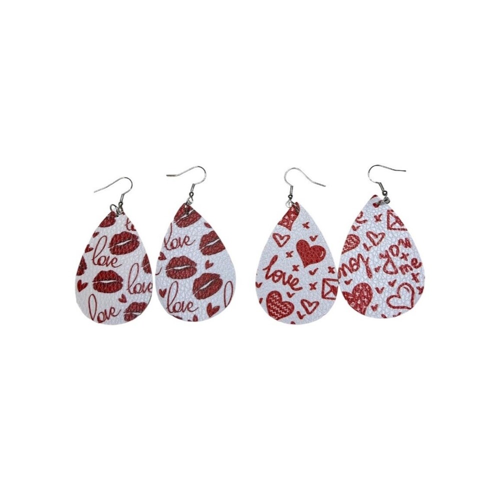 Earrings Heart Red Love Earrings Valentines Faux Leather Dangle Red White B1